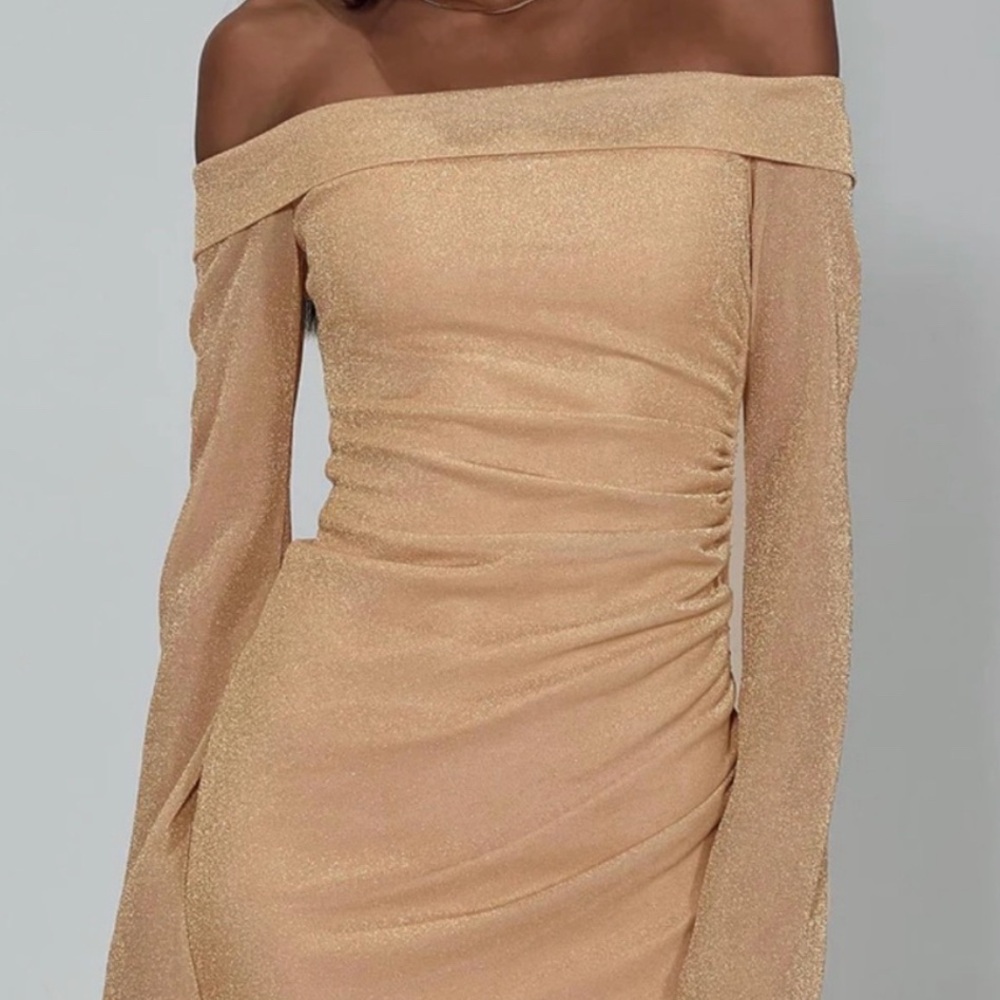 Princess Polly “Villar” Off-Shoulder Gold shimmer dress